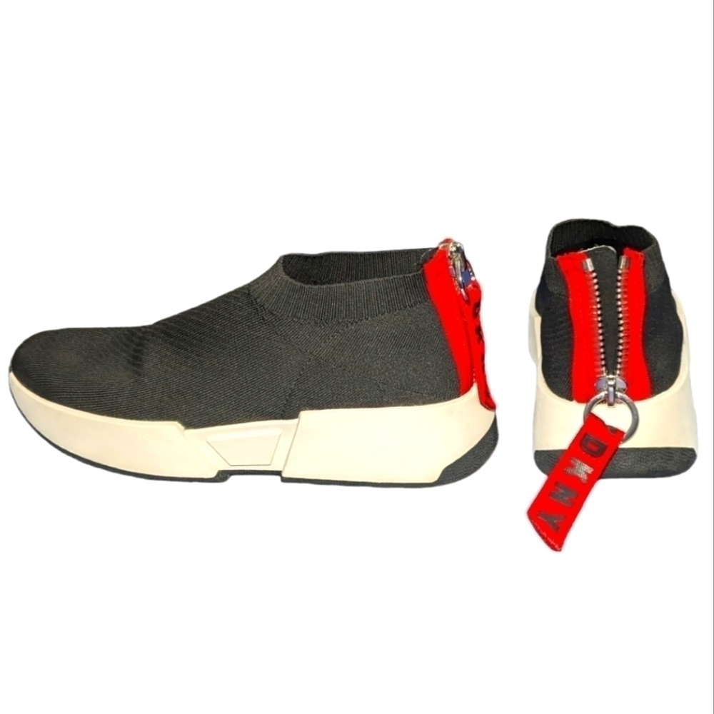 DKNY Marcel Shoes 9.5 Sneakers Zipper Black Red Stretch Platform Wedge Booties
